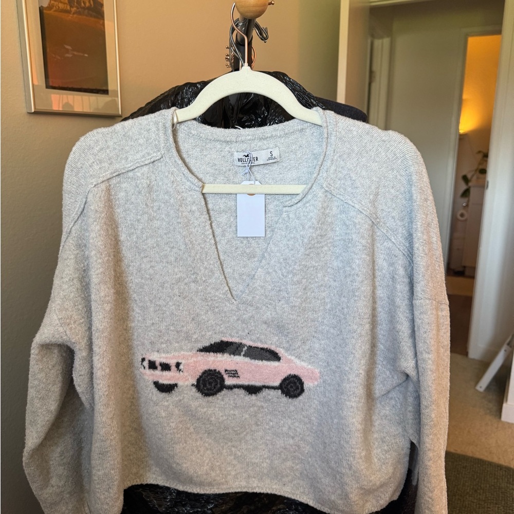 Hollister Light Gray Pullover Sweater with Pink Car Graphic